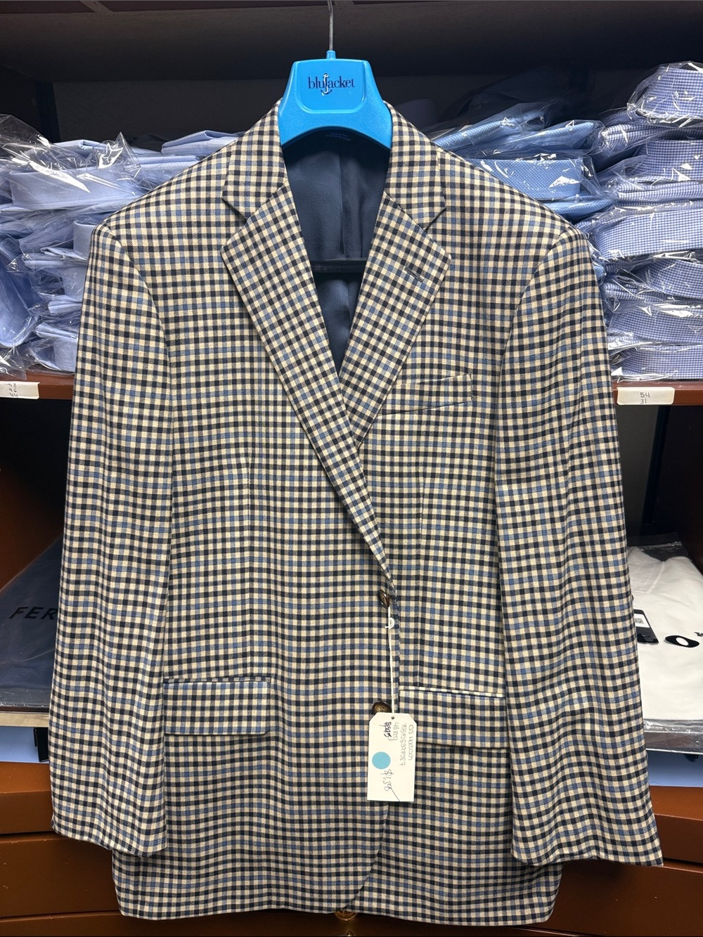 Checked Sport Coat in Navy and Beige - Unbranded